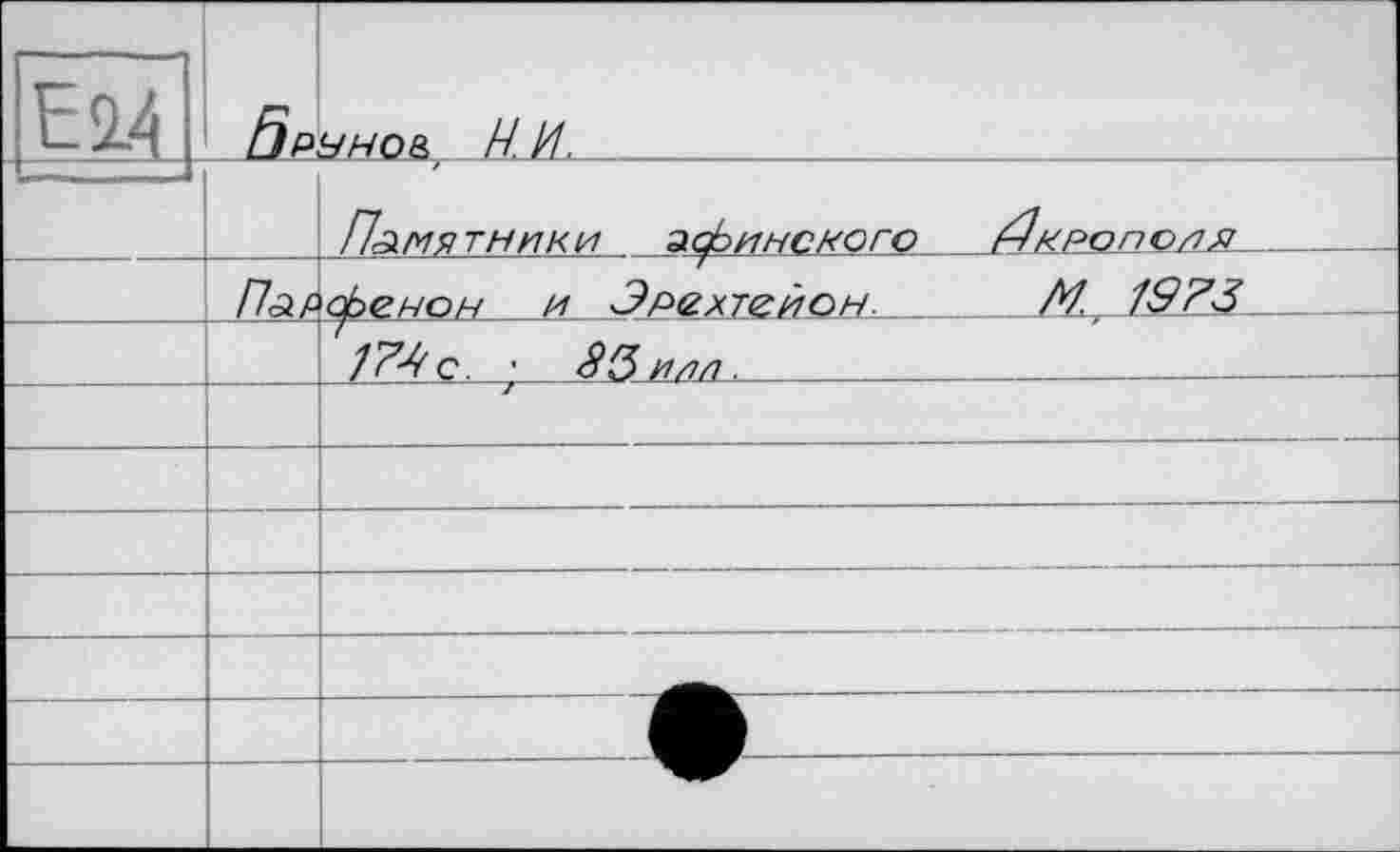 ﻿Е14	5р	ч нов, НИ. 		
		Памятники афинского /Нкропопк ... .
	Пар	фенон и Эпехтеисн „ /Z 19ИЗ	
		174с. ■ S3 и/in.	
		
		■
	-	
		
		
		
		